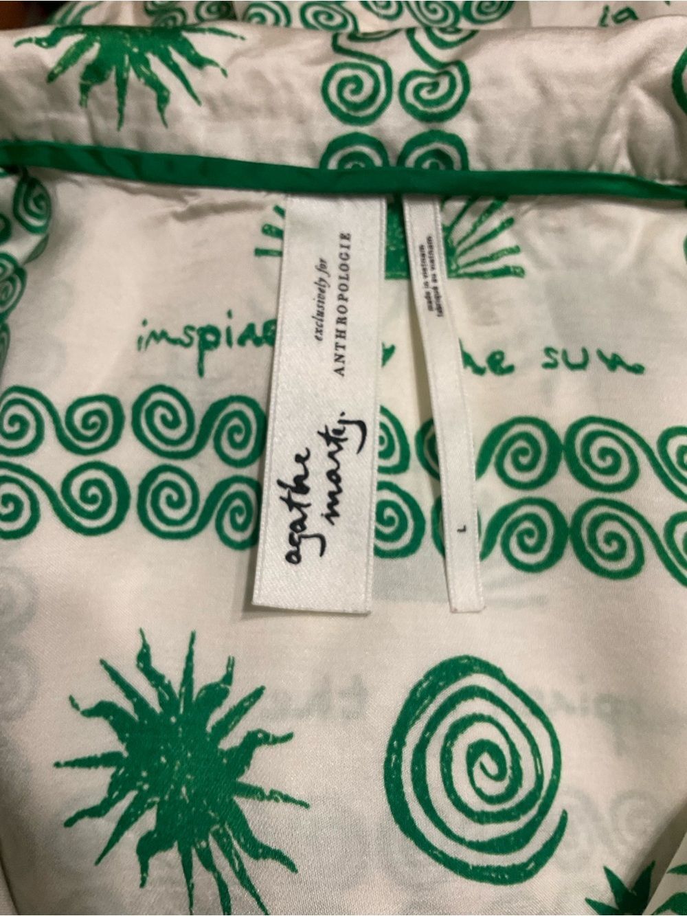 Anthropologie Button Front Sun Print Shirt open back Cream and Green Sz L - Picture 9 of 10